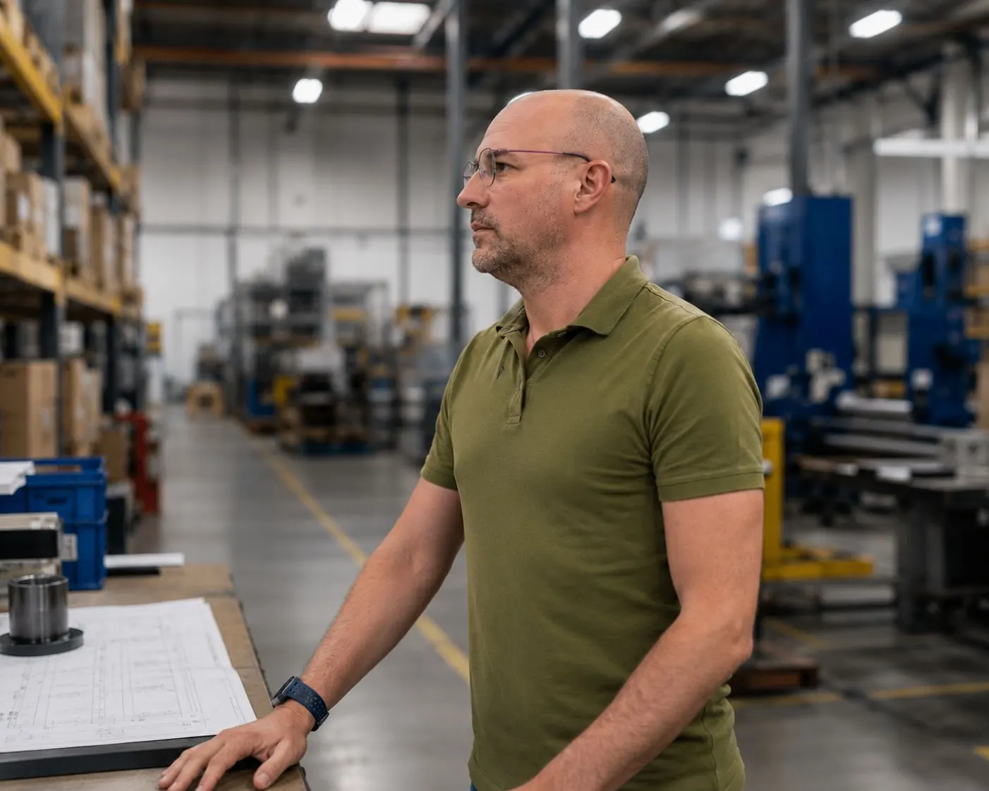 Operations specialist reviewing production plans on the floor