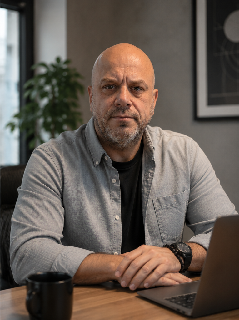 Portrait of co-founder, communication and AI specialist, in a quiet study