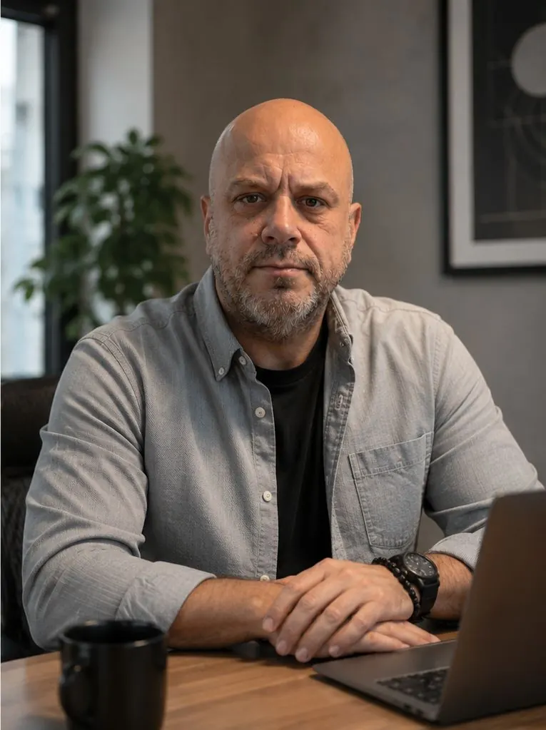 Portrait of co-founder, communication and AI specialist, in a quiet study