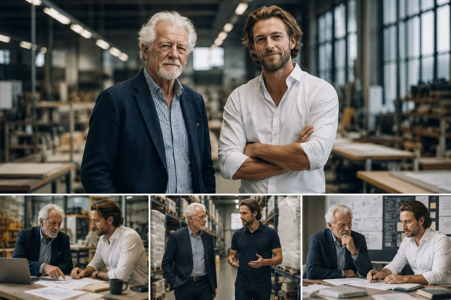 Advisor sitting with a business owner reviewing operations on the workshop floor